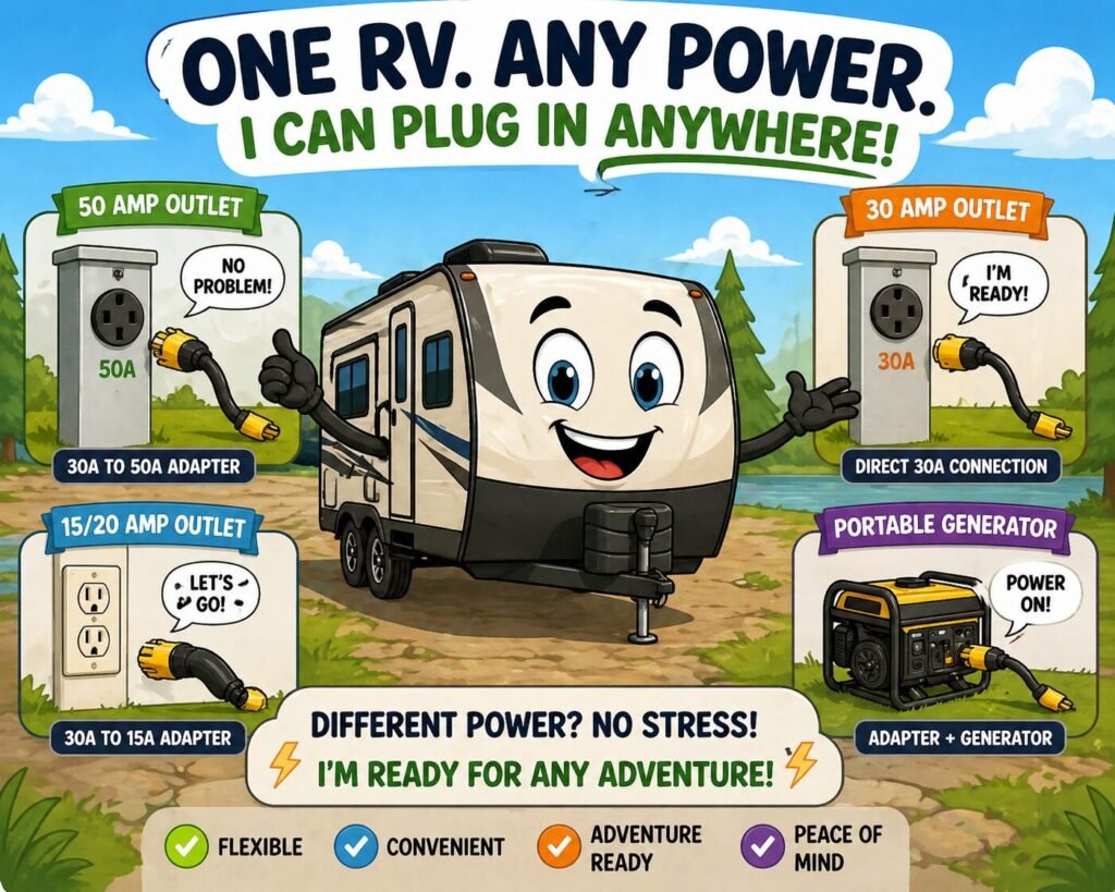Cartoon RV power adapter (dogbone) illustration showing a happy RV connecting to 50 amp, 30 amp, and 15/20 amp outlets plus a generator, colorful beginner-friendly RV power setup graphic