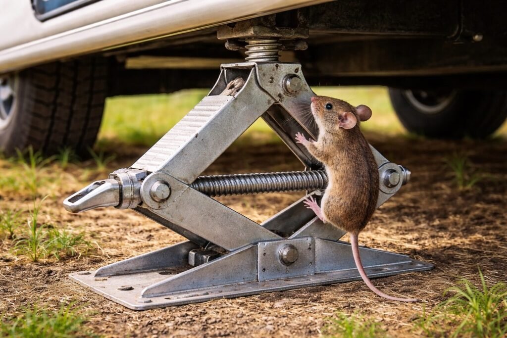 Mouse climbing an RV stabilizer jack under a travel trailer, showing one way mice get into an RV.
