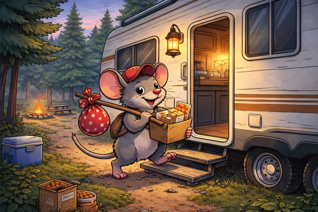 Cartoon illustration of a hobo mouse carrying a bindle moving into an RV at a campsite, representing how mice can get inside and cause problems if you don’t keep mice out of your RV.