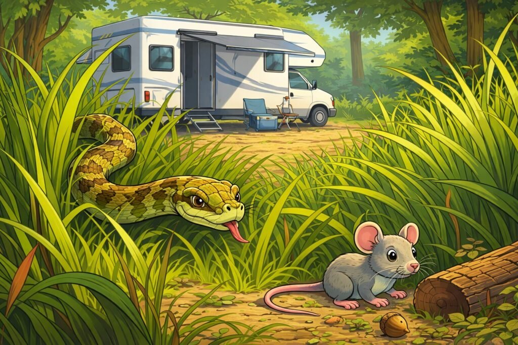 How to Keep Snakes Away From Your RV and Campsite 1 Cartoon illustration showing a snake stalking a mouse in tall grass near an RV travel trailer campsite, demonstrating how to keep snakes away from your RV and campsite.