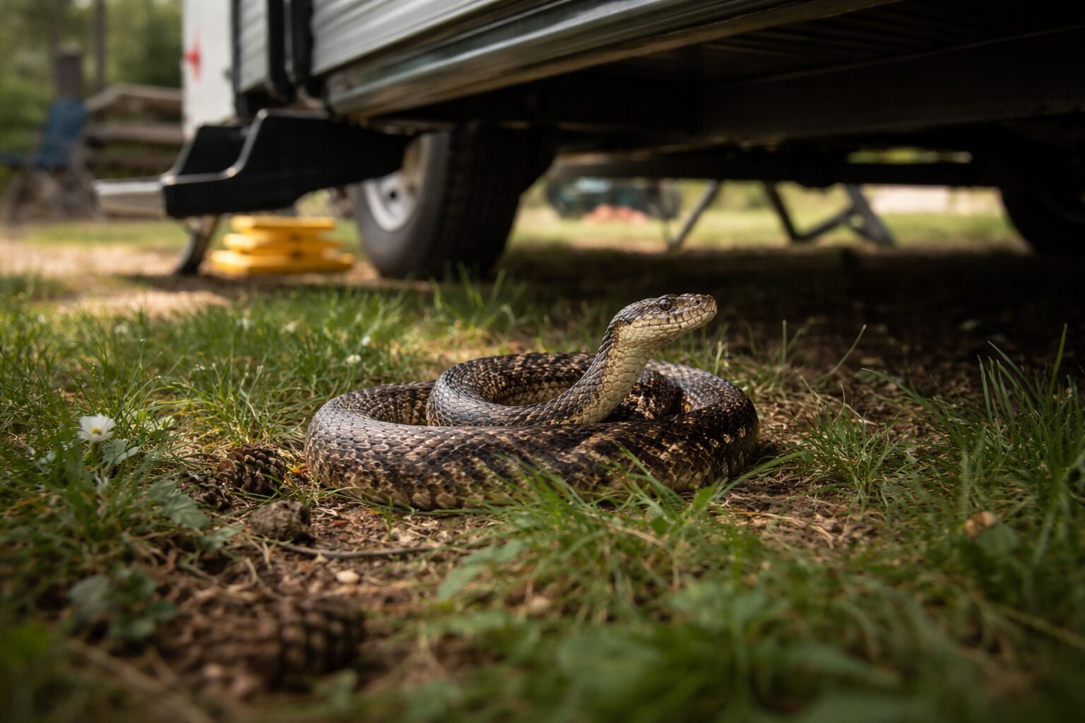 Snake hiding under a travel trailer at an RV campsite showing why RV owners need to know how to keep snakes away from your RV and campsite.