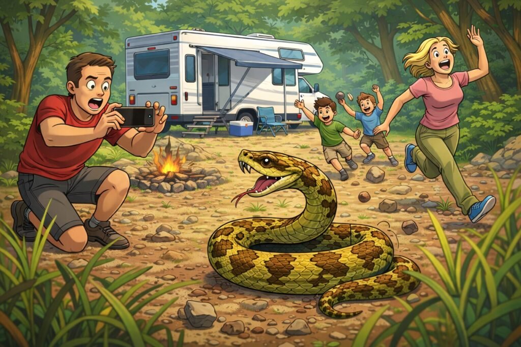 How to Keep Snakes Away From Your RV and Campsite 2 Cartoon image of a snake in the middle of an RV campsite while a man kneels close taking a picture, a woman runs away in fear, and kids throw rocks from the background.