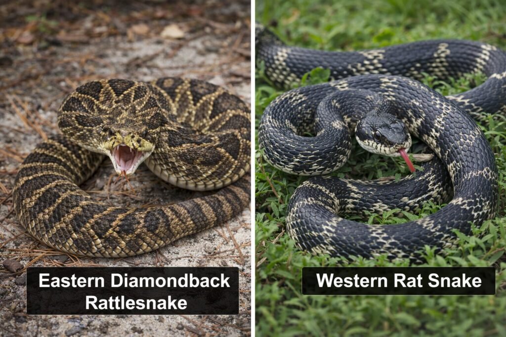How to Keep Snakes Away From Your RV and Campsite 3 Photorealistic image of two common snakes found around RV campsites, labeled Eastern Diamondback Rattlesnake and Western Rat Snake for identification.