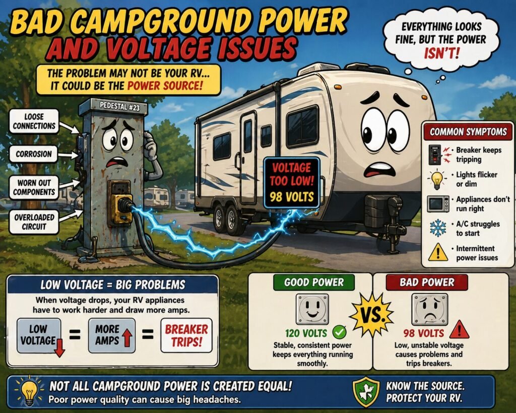 rv breaker keeps tripping due to bad campground power and low voltage cartoon showing faulty pedestal and weak electrical connection
