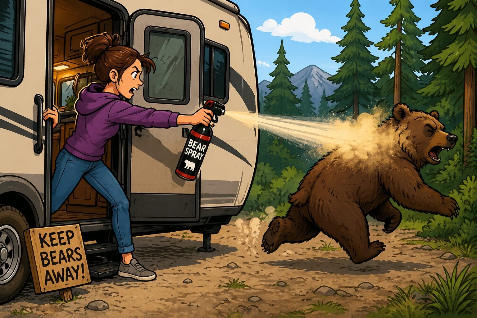 best bear spray for rv camping cartoon showing woman spraying bear from rv doorway as bear runs away into woods