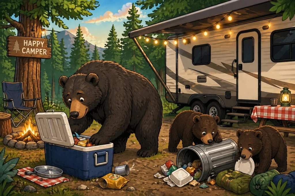 keep bears away from your rv cartoon showing bear family at campsite looking for food near camper