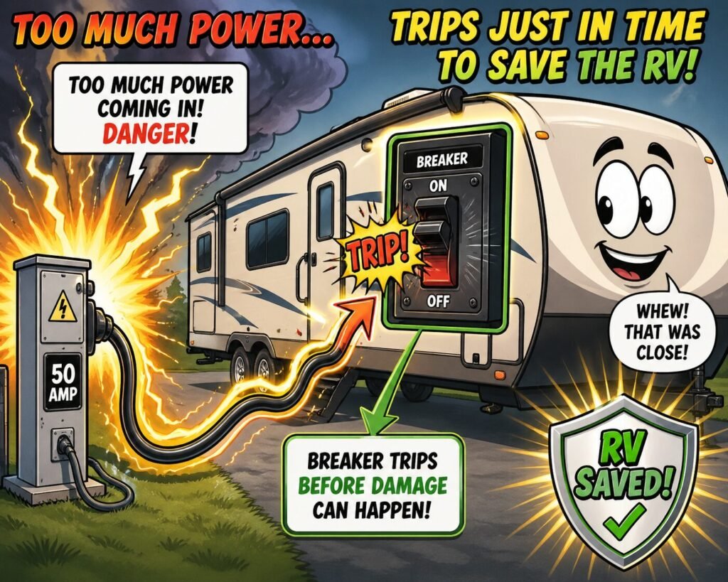 rv breaker keeps tripping cartoon showing too much power coming into RV and breaker shutting off to prevent damage