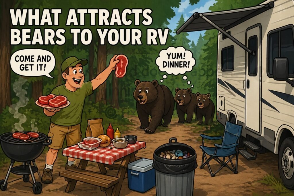 How to Keep Bears Away From Your RV (What Actually Works) 1 what attracts bears to your rv cartoon showing man holding steaks and calling bears from woods to campsite