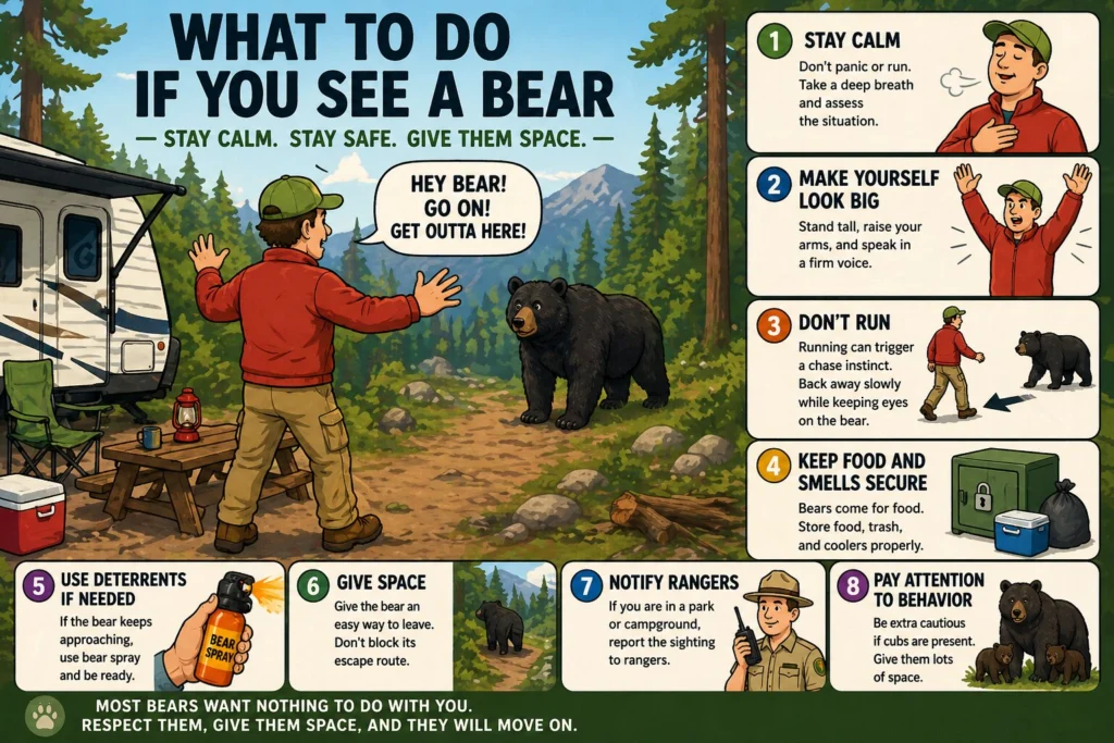 what to do if you see a bear near your rv cartoon showing camper facing bear and using safety steps at campsite