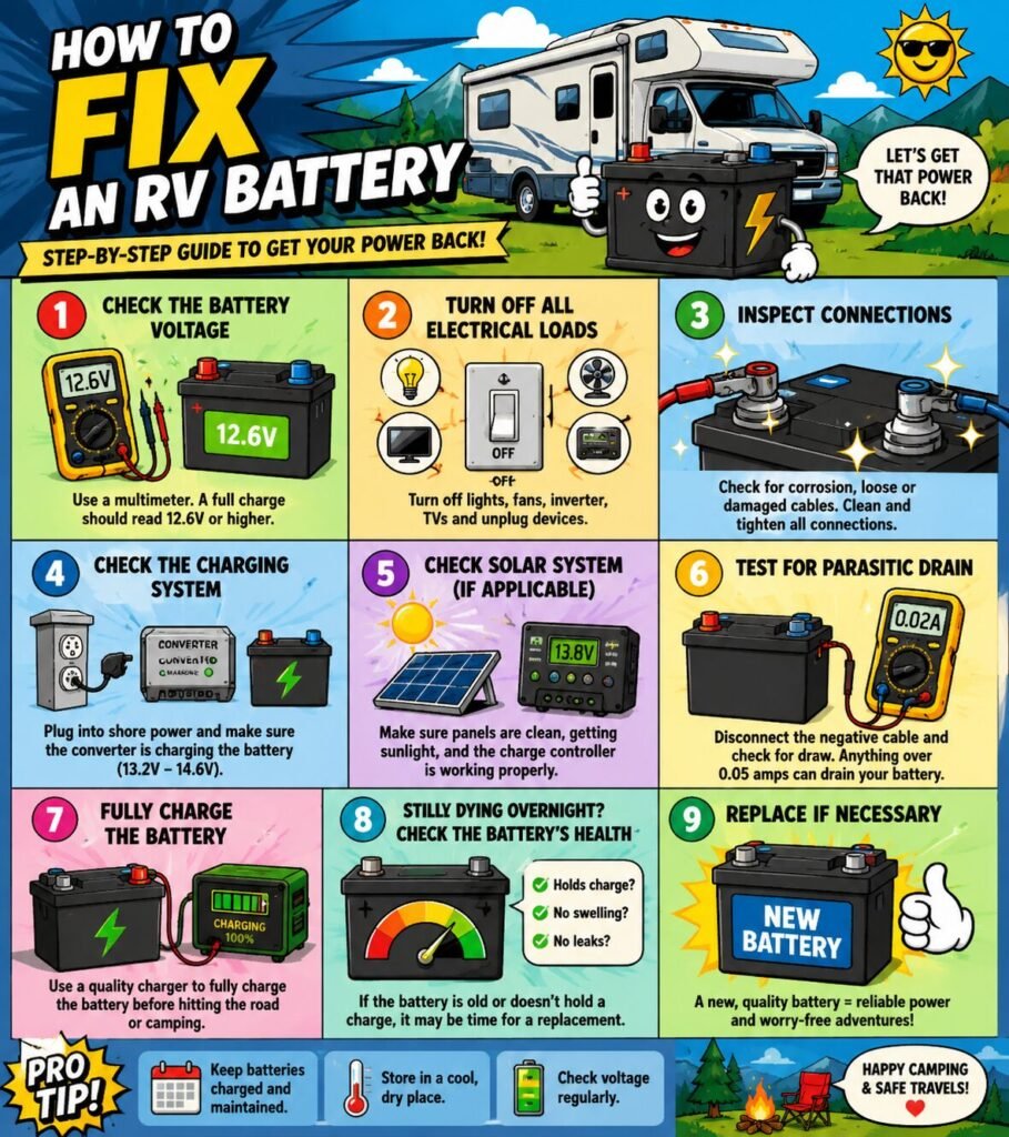 Cartoon diagram showing how to fix an RV battery that dies overnight