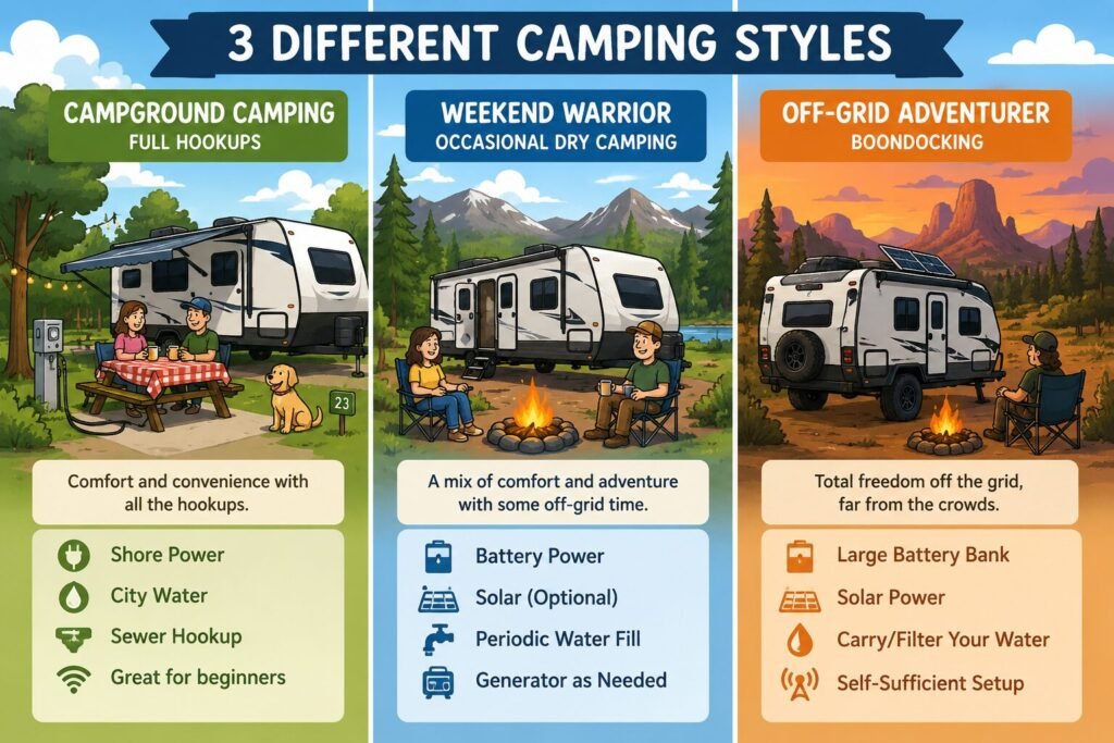 RV Batteries Explained: What Works Best for Your Camping Style 1 RV batteries explained for different camping styles including campground camping, weekend dry camping, and boondocking
