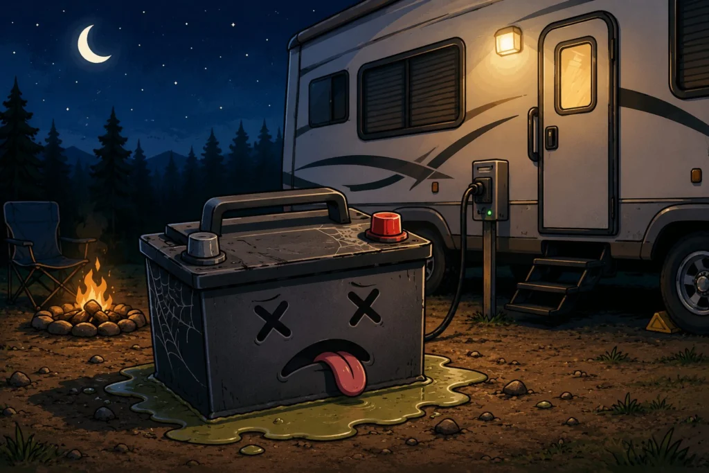 RV battery dies overnight at campsite beside camper with dead battery cartoon