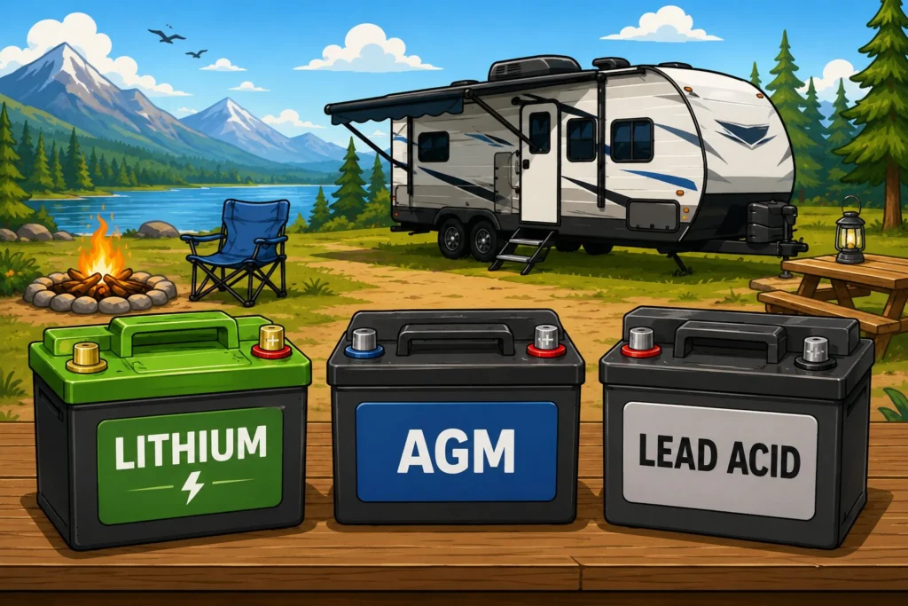 Cartoon RV battery comparison showing lithium, AGM, and lead acid batteries at a campground campsite