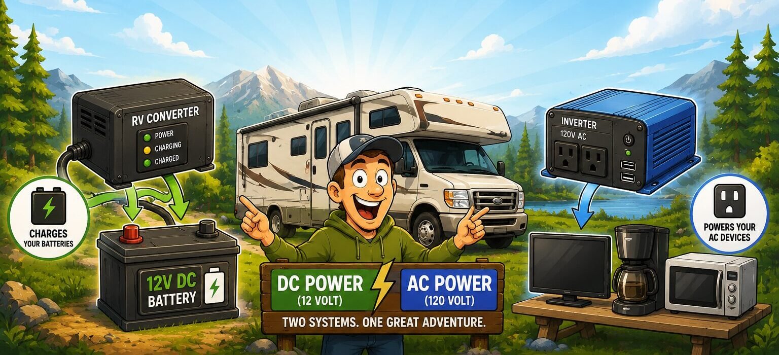Cartoon RV converter vs inverter infographic showing RV battery charging, DC power, AC power, and how an RV electrical system works while camping off-grid.