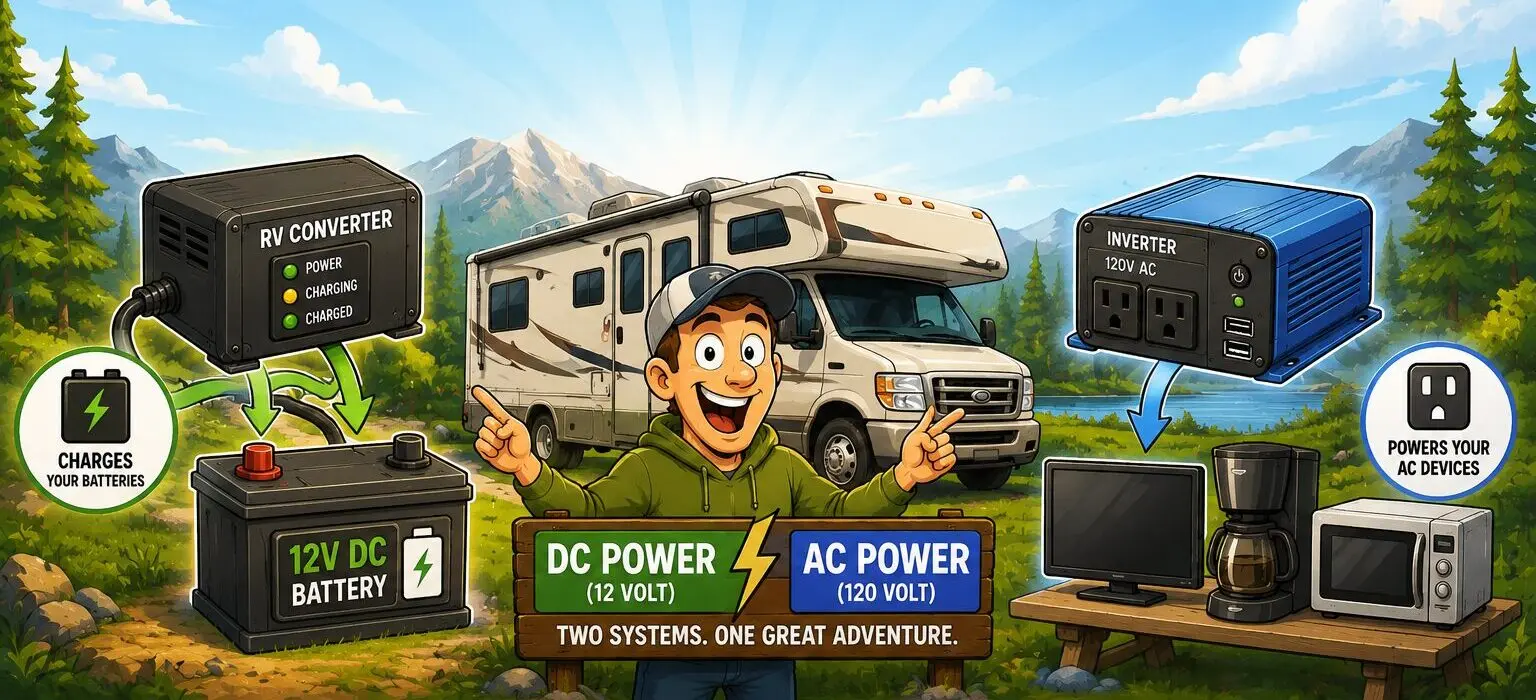Cartoon RV converter vs inverter infographic showing RV battery charging, DC power, AC power, and how an RV electrical system works while camping off-grid.