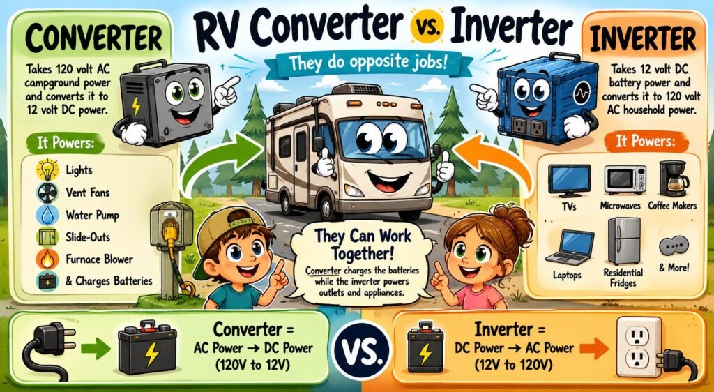 RV Converter vs Inverter Explained (What They Do and Why They Matter) 1 Cartoon infographic explaining RV converter vs inverter systems with cute RV characters showing how campground power converts to battery power and how battery power converts to household electricity.