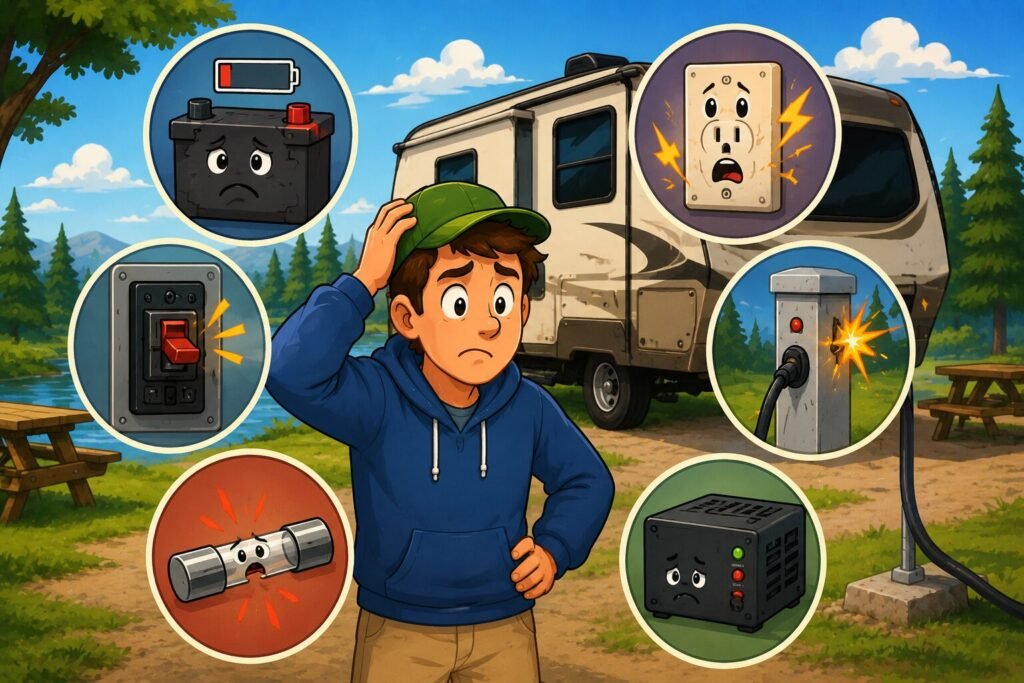 Cartoon infographic showing common RV electrical problems including dead batteries, blown fuses, bad campground power, and RV outlet issues