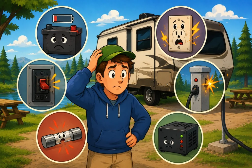 Cartoon infographic showing common RV electrical problems including dead batteries, blown fuses, bad campground power, and RV outlet issues