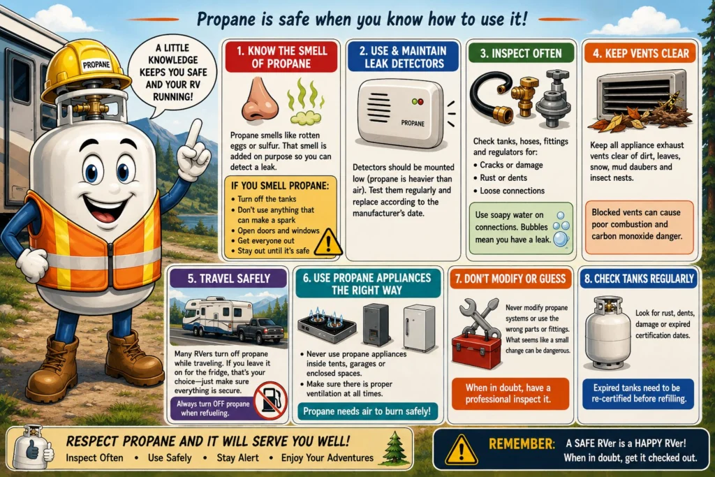 Cartoon RV propane safety infographic with friendly propane tank character explaining propane leak safety, detector maintenance, tank inspections, and safe RV propane system operation.