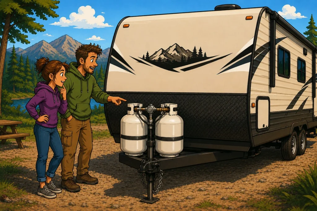 Cartoon couple inspecting dual propane tanks on the front of a travel trailer at a campground while learning how an RV propane system works.