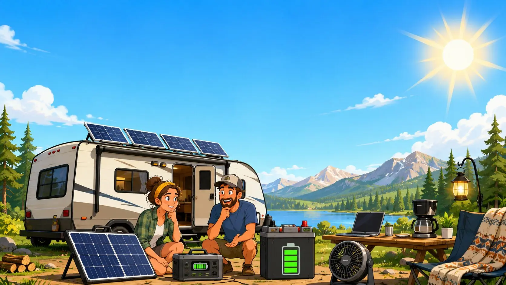 Cartoon RV solar setup showing how much solar do I need for my RV with roof panels, portable panels, battery storage, and camping appliances.