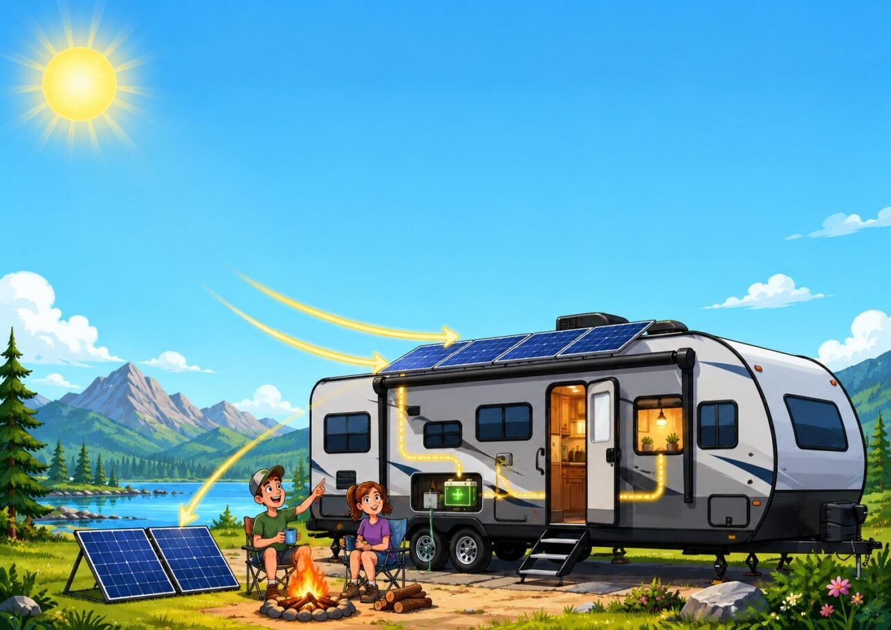 Fun cartoon showing RV solar basics with roof-mounted and portable solar panels charging an RV battery at a lakeside campsite.