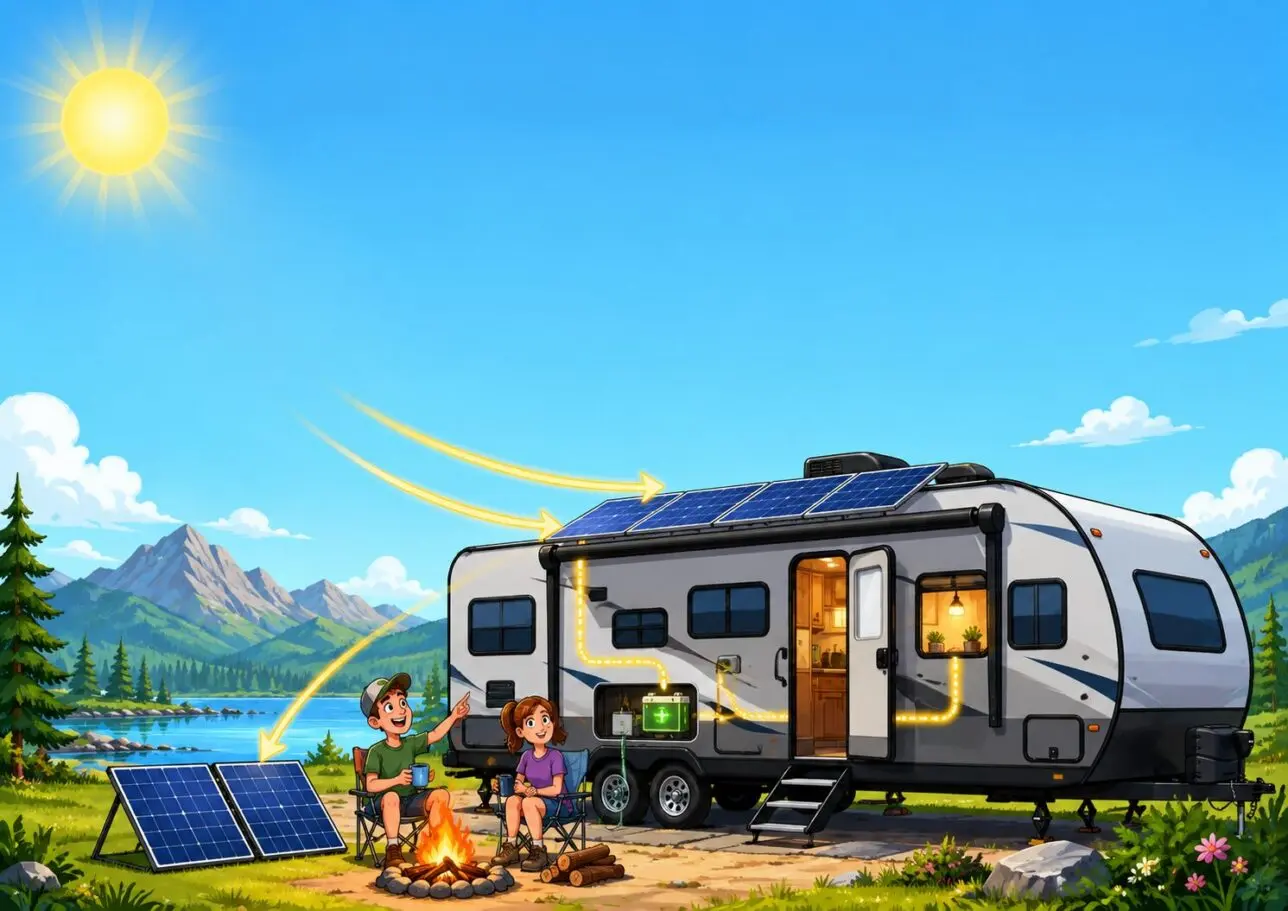 Fun cartoon showing RV solar basics with roof-mounted and portable solar panels charging an RV battery at a lakeside campsite.