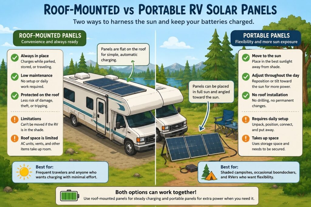 RV solar basics infographic comparing flat roof-mounted solar panels with portable RV solar panels positioned in direct sunlight.