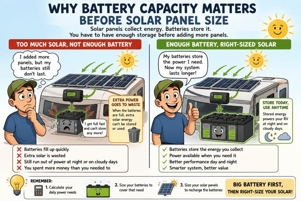 Cartoon RV solar battery capacity diagram showing why battery storage matters before choosing solar panel size for an RV solar setup.