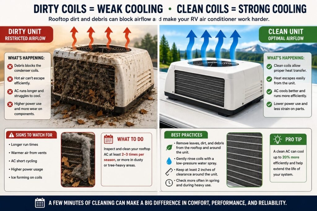 Dirty and clean RV rooftop air conditioner coils compared, showing debris blocking airflow on one unit and strong airflow from a clean unit.