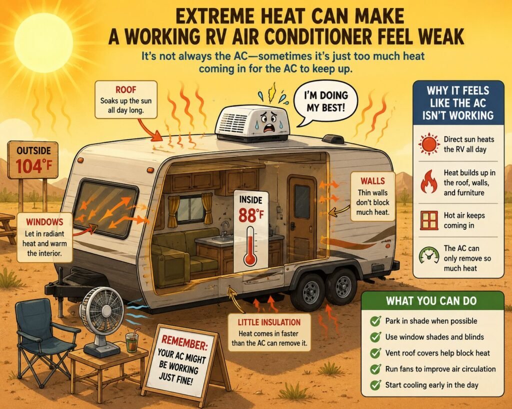 Cartoon showing extreme summer heat entering an RV through the roof, walls, and windows while a working RV air conditioner struggles to keep the interior cool.