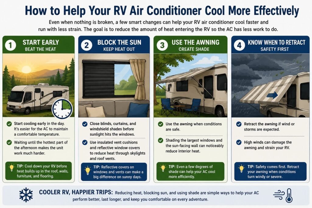 Infographic showing how to help an RV air conditioner cool more effectively by starting early, blocking sunlight, using the awning for shade, and retracting it during wind or storms.