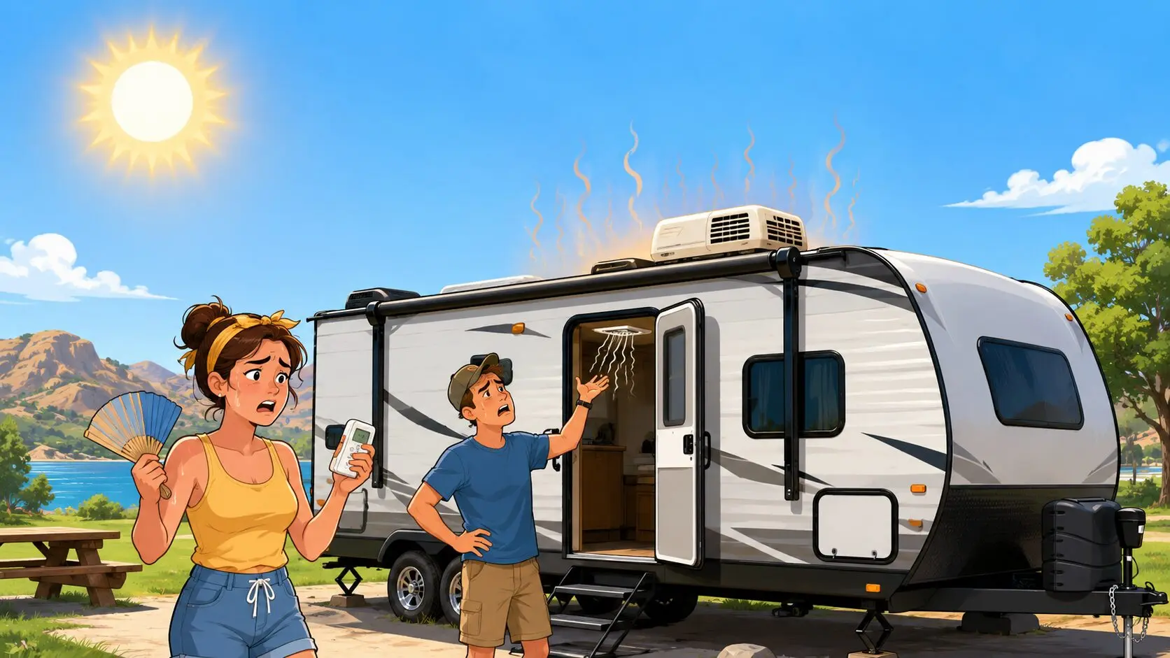 Cartoon showing an RV air conditioner not cooling during extreme summer heat while two campers struggle to stay cool at their campsite.