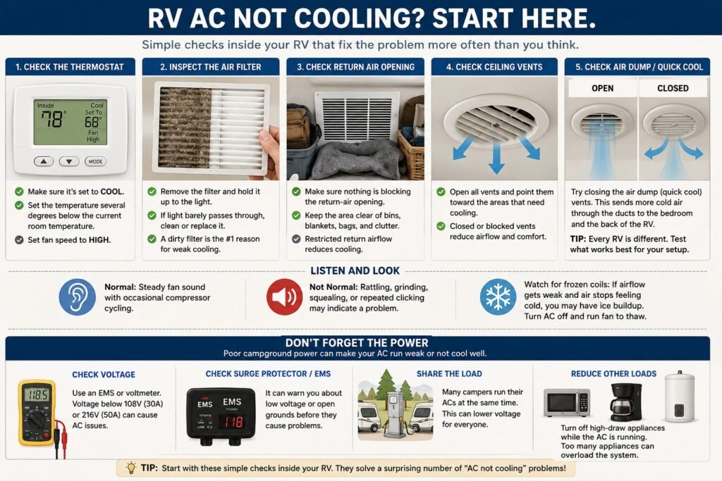RV air conditioner not cooling troubleshooting checklist showing thermostat, air filter, vents, airflow, frozen coil, and campground power checks.