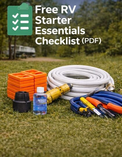 RV starter essentials laid out on grass including drinking water hose, water pressure regulator, leveling blocks, wheel chocks, and basic tool kit for first-time RV owners