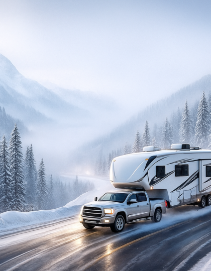 Class C RV driving on a clear winter road with snowy trees and foggy mountain valley – winter RV basics.